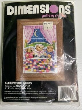 New Vtg Dimensions Kit Cross Stitch Sleepytime Bears 5 x 7 Embroidery 6190 Craf
